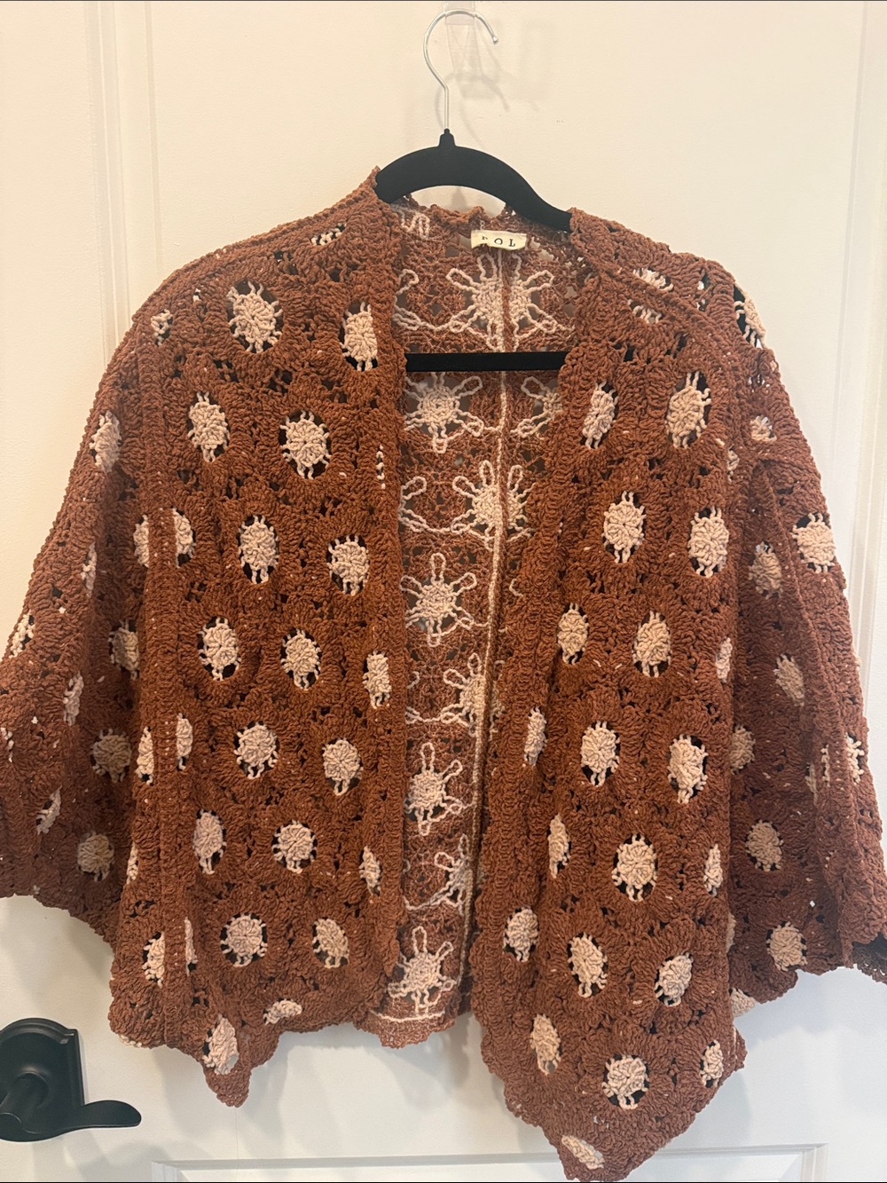 POL - Vintage-Inspired Brown Crochet Open Cardigan Sweater one size - NEW !